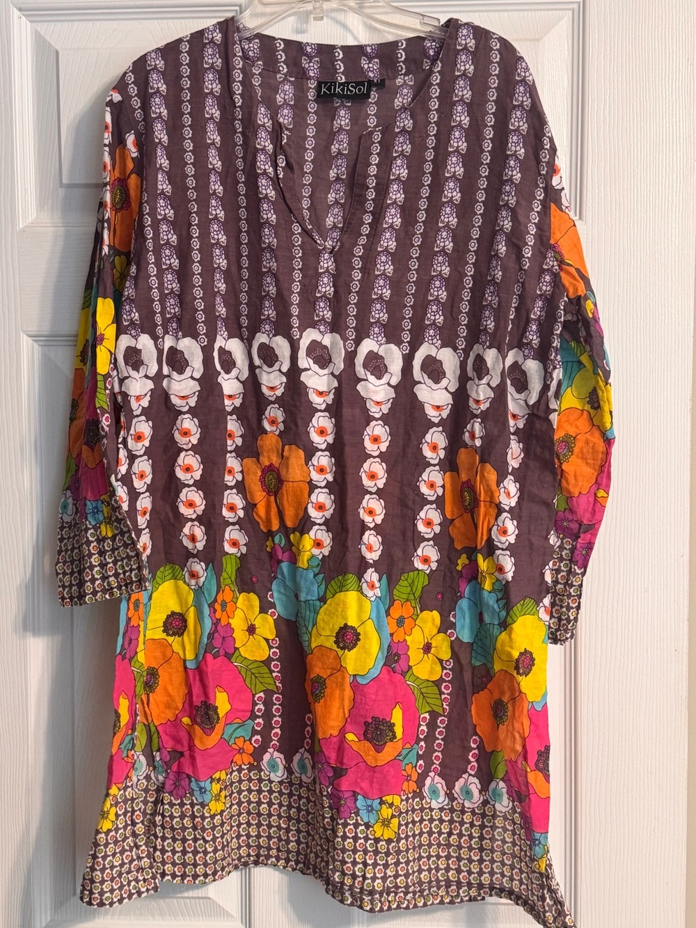 KikiSol Colorful Boho Floral Print 3/4 Sleeve V-neck Cotton Tropical Tunic XL